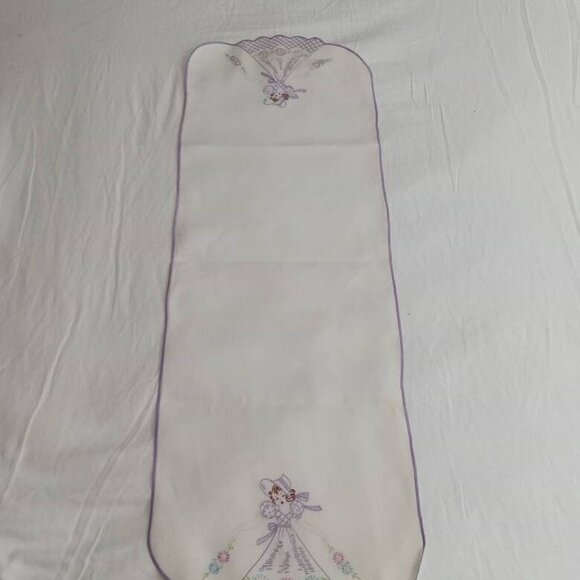 Long Embroider Purple & White Table Runner Cotton Linen Table Antique Vintage - Picture 3 of 10